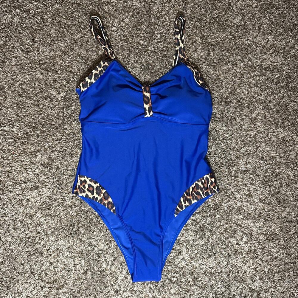Blue and leapord print one piece swimsuit